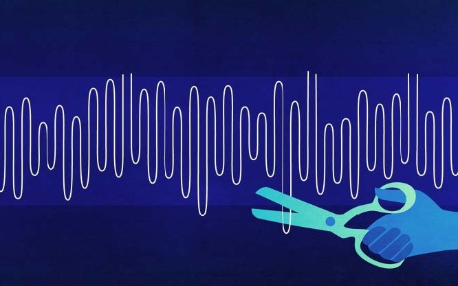 An image of sound waves and someone holding up a pair of scissors