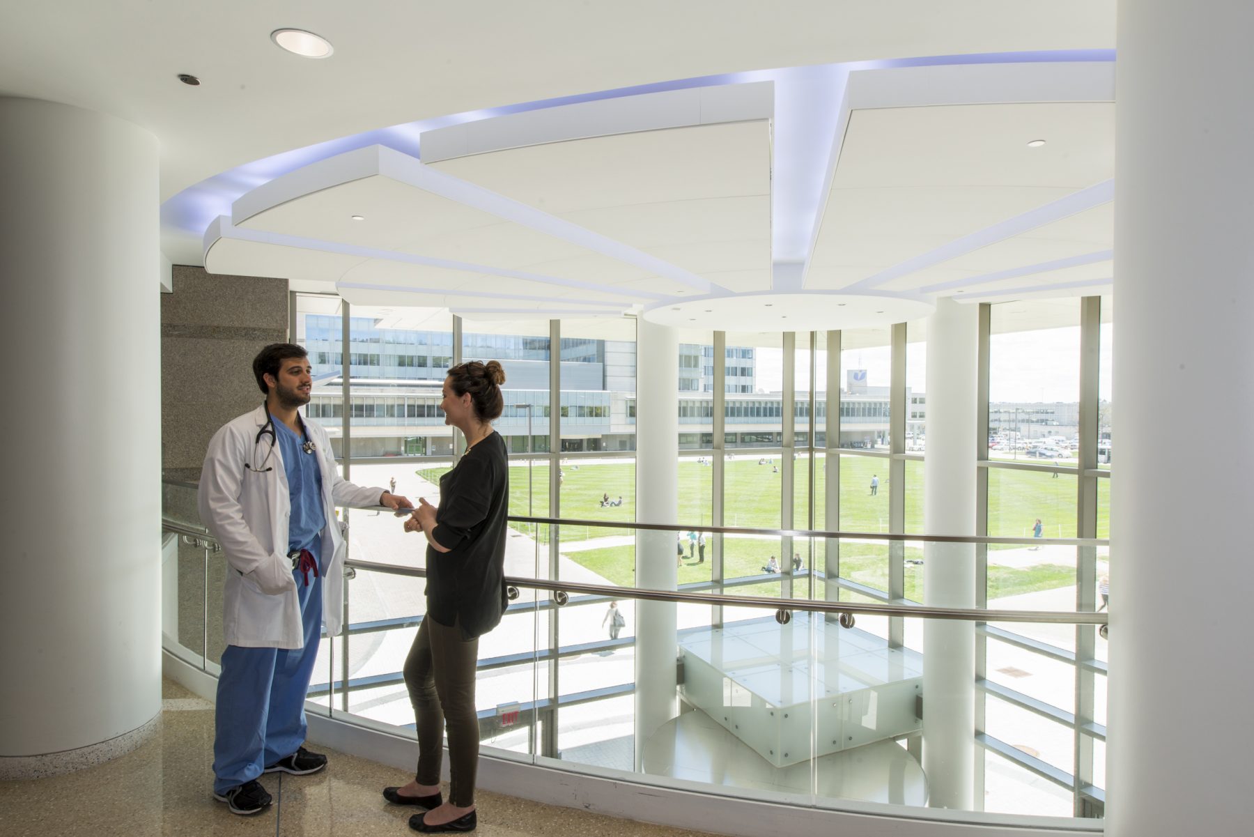 UMass Medical School Sherman Center Lobby area with view of field