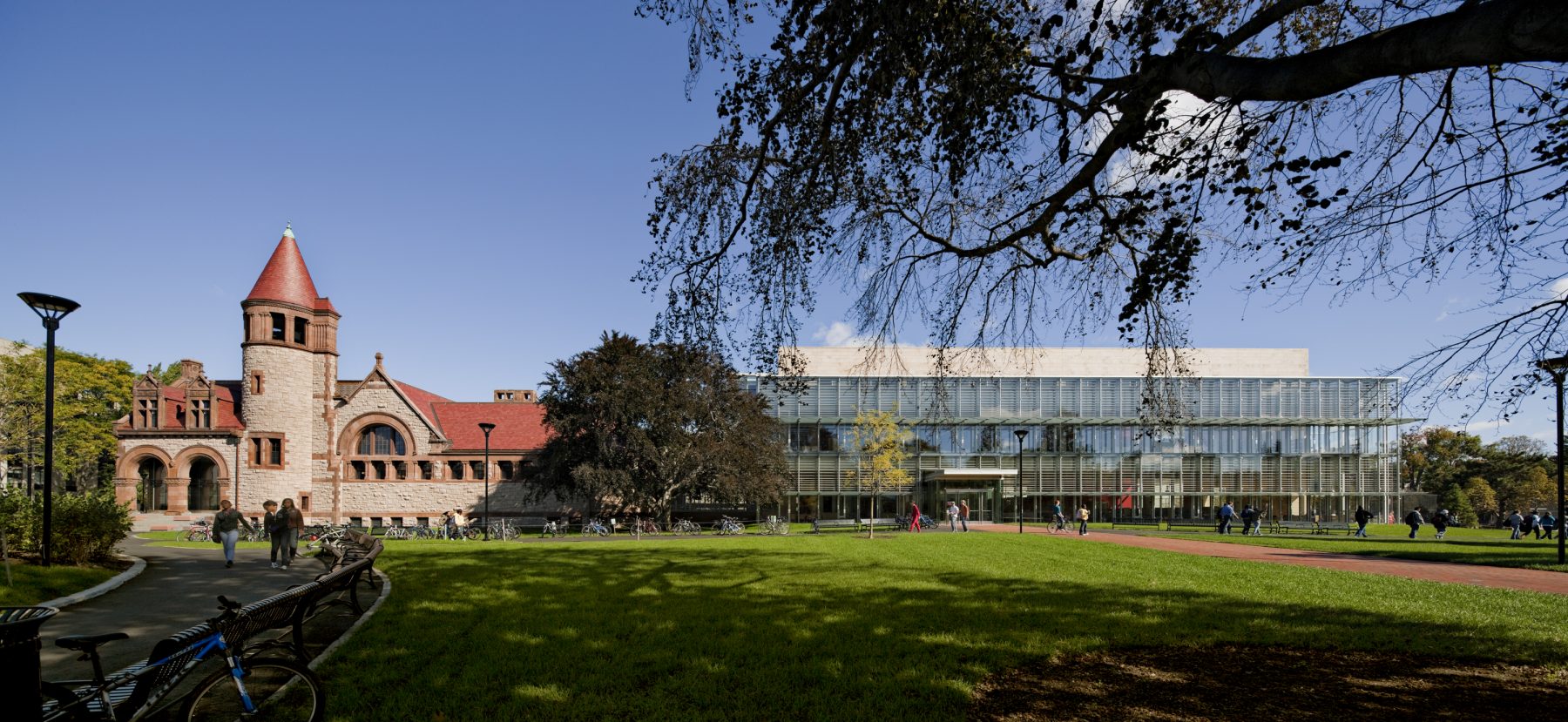 Cambridge Public Library Exterior, showing the historical meeting the newly renovated space