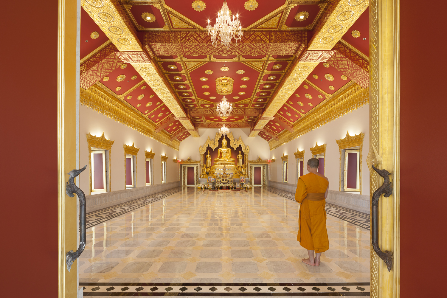 NMR Meditation Center Hallway, a gold shrine of Buddha lies at the end of the hall