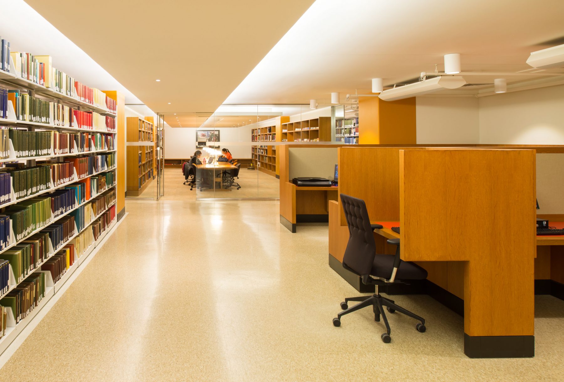 Princeton Firestone Library work area among bookshelves