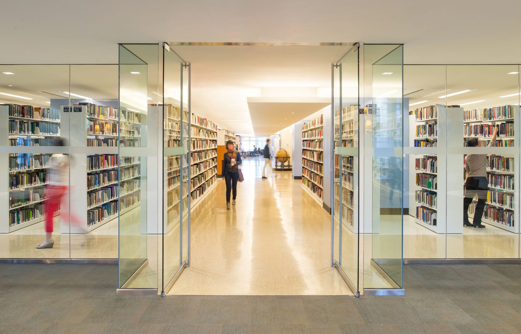 Princeton Firestone Library Interior entrance, glass walls allow students to see into the library