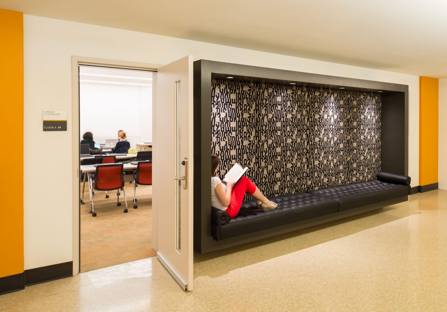 Princeton Firestone Library Classroom view from outside, untraditional seating is outside of the classroom