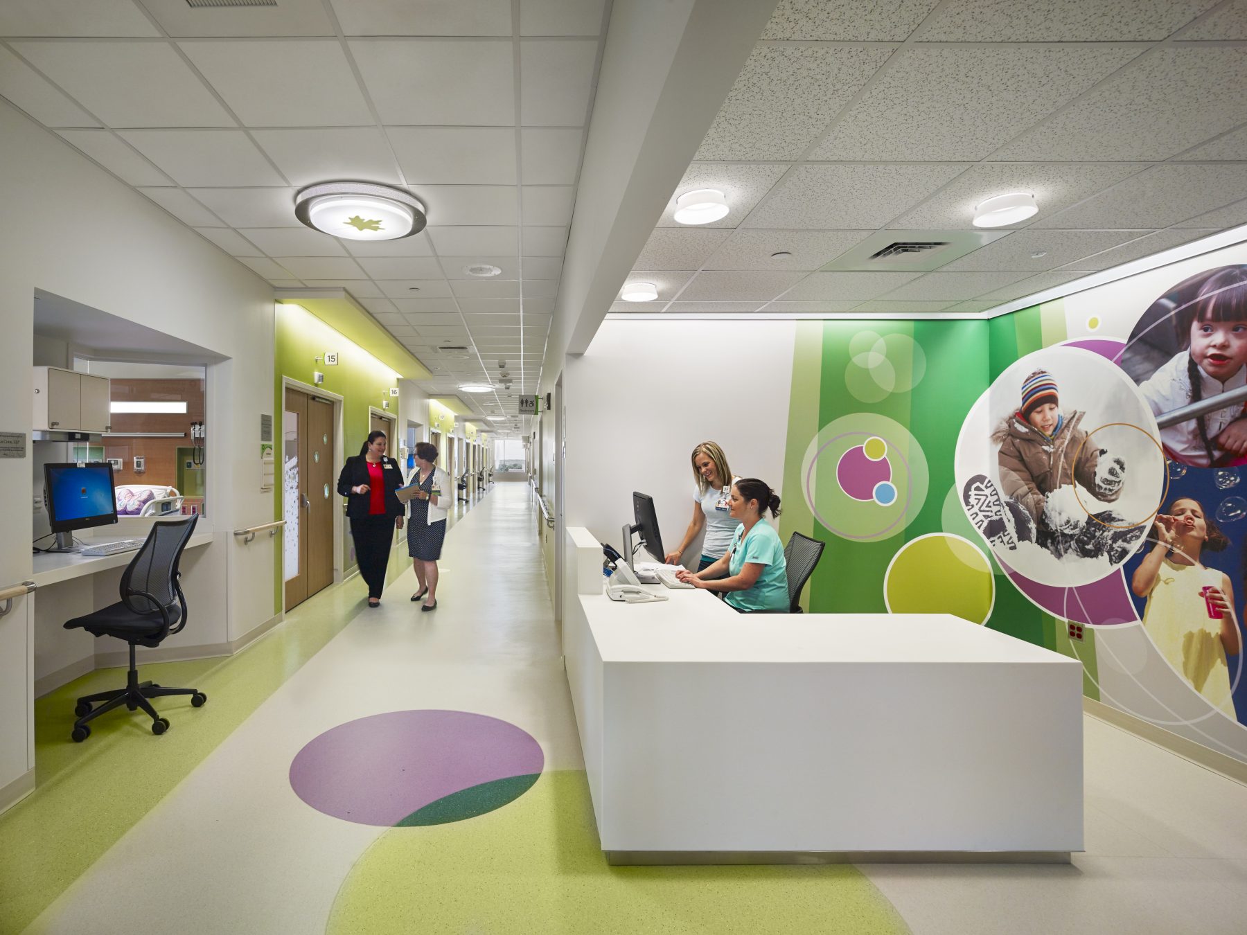 Golisano Children's Hospital Lobby Pink and Green circles on the wall,