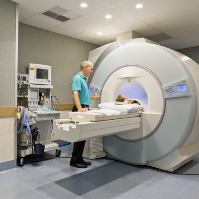 An image of a patient being loaded into a MRI