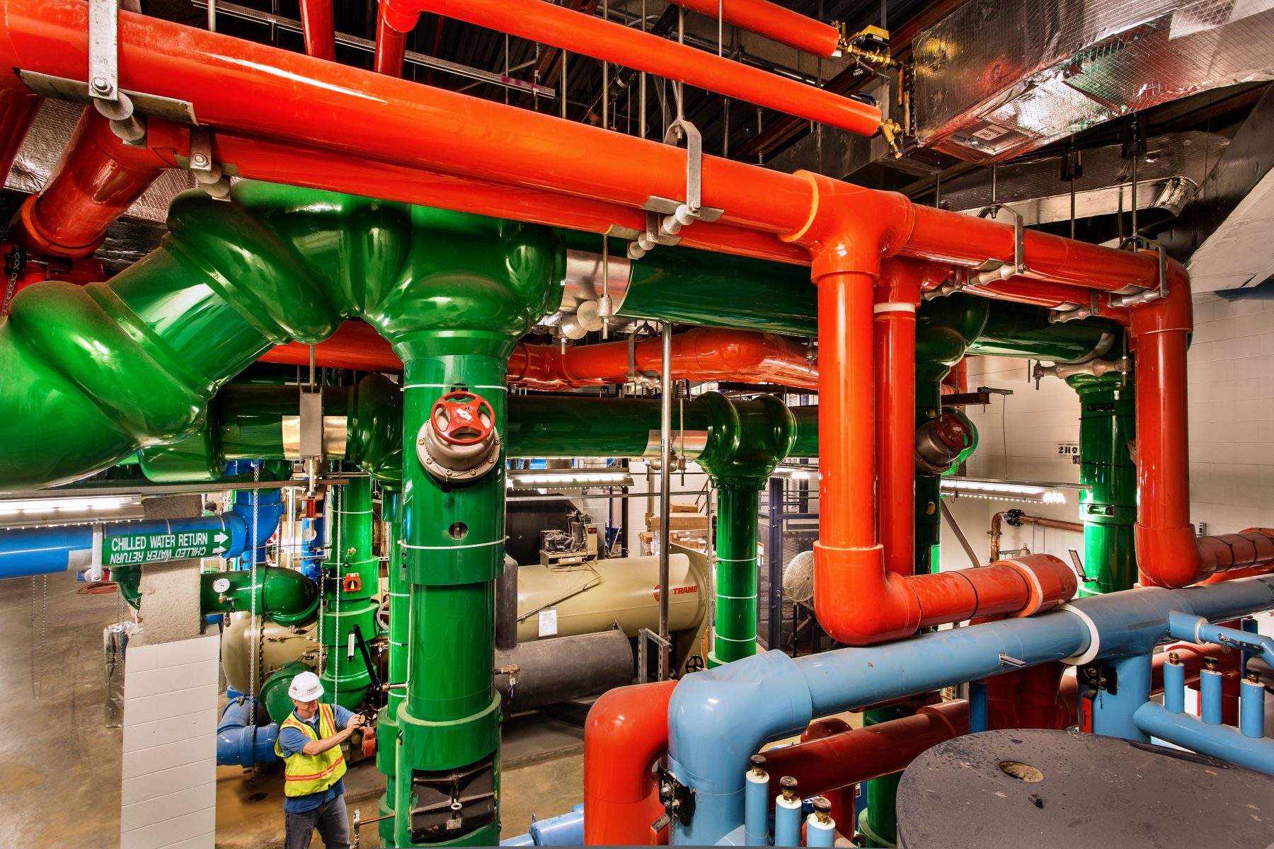Worcester Recovery Center, blue, red, and green pipes in basement