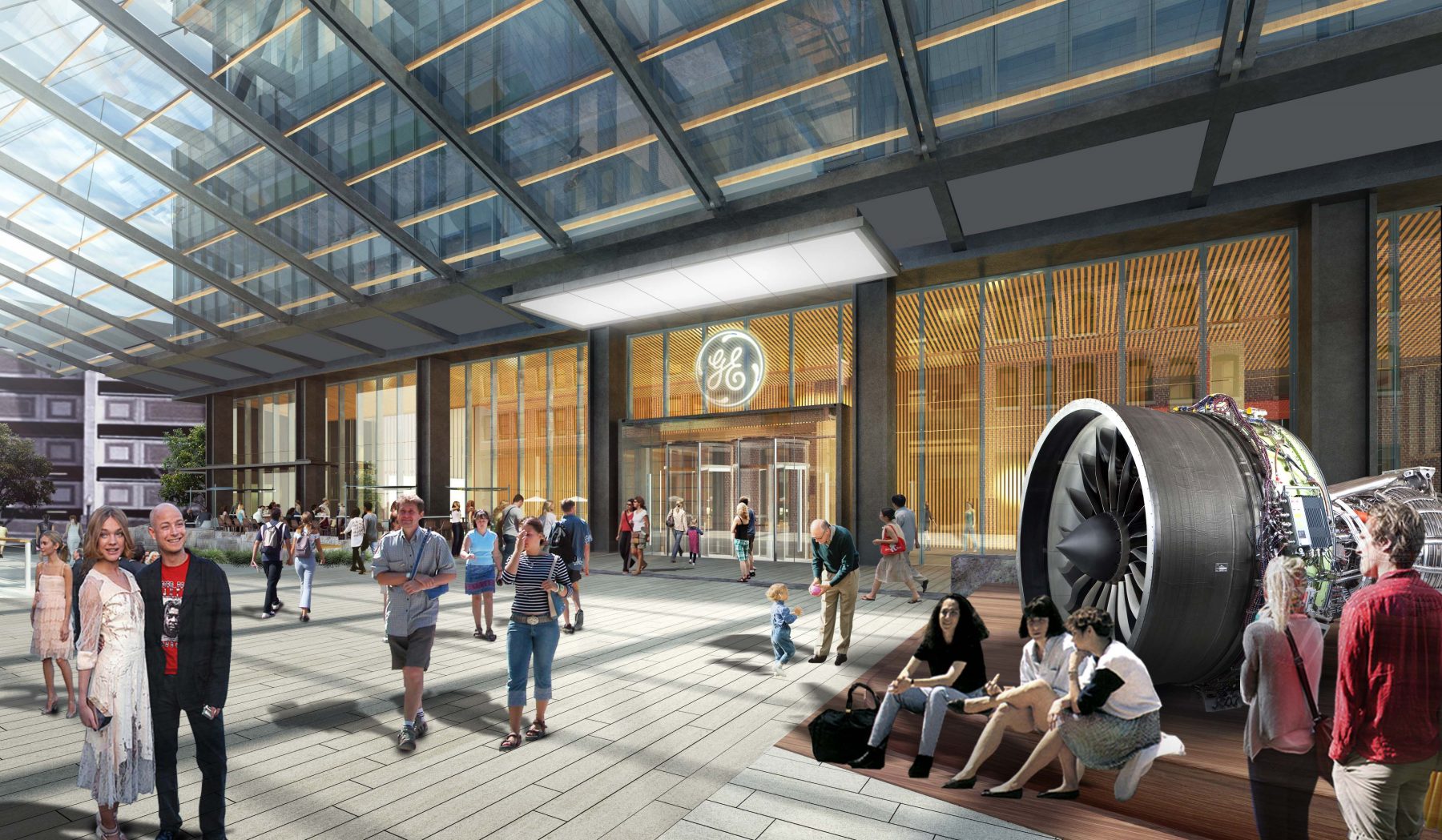 GE Headquarters rendering, people sit around model jet engine