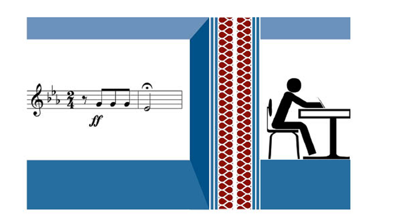 A graphic of a sound isolating wall between noise on one side, and someone at a desk on the other side.