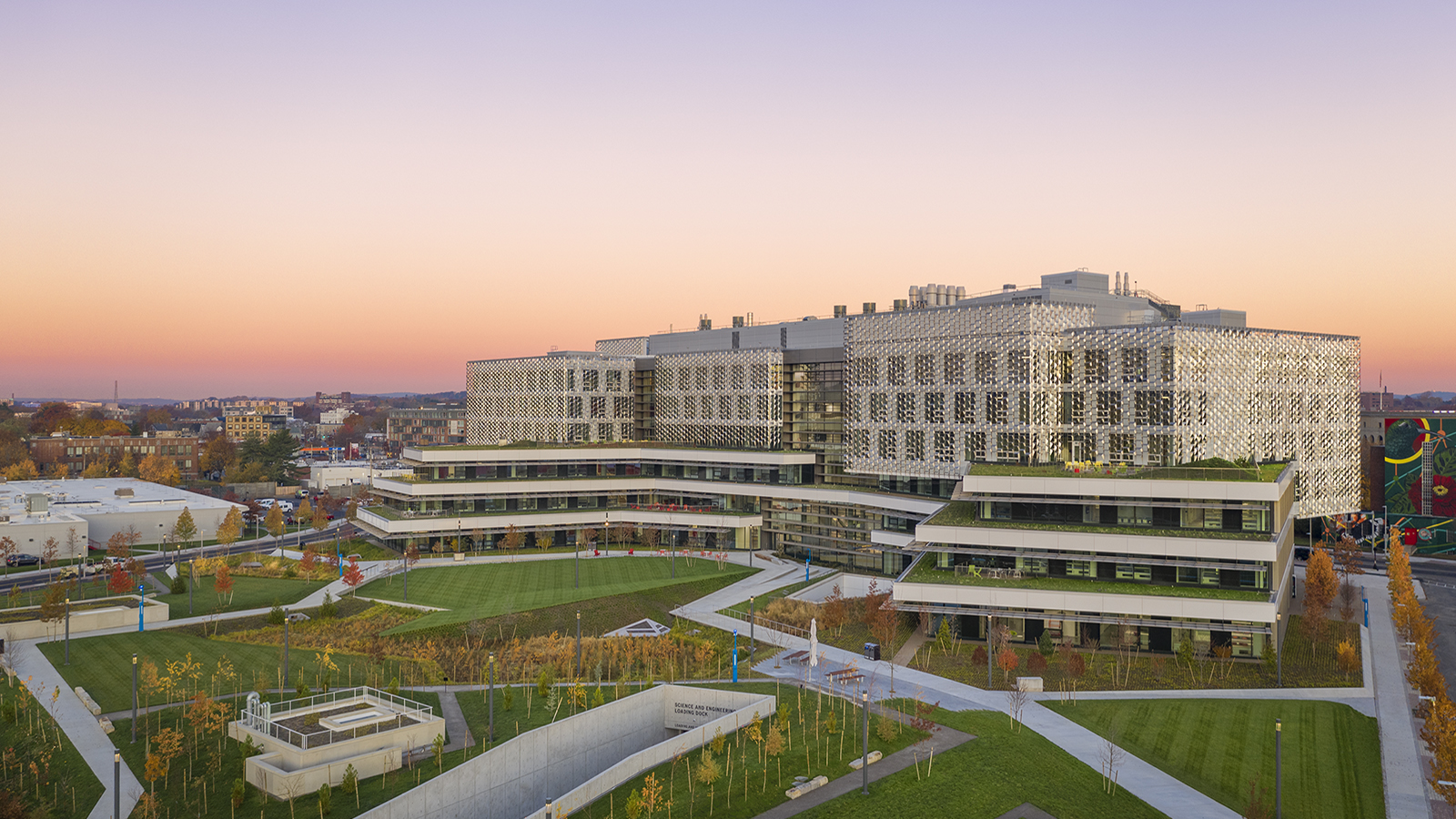 Harvard Science and engineering center exterior aerial shot