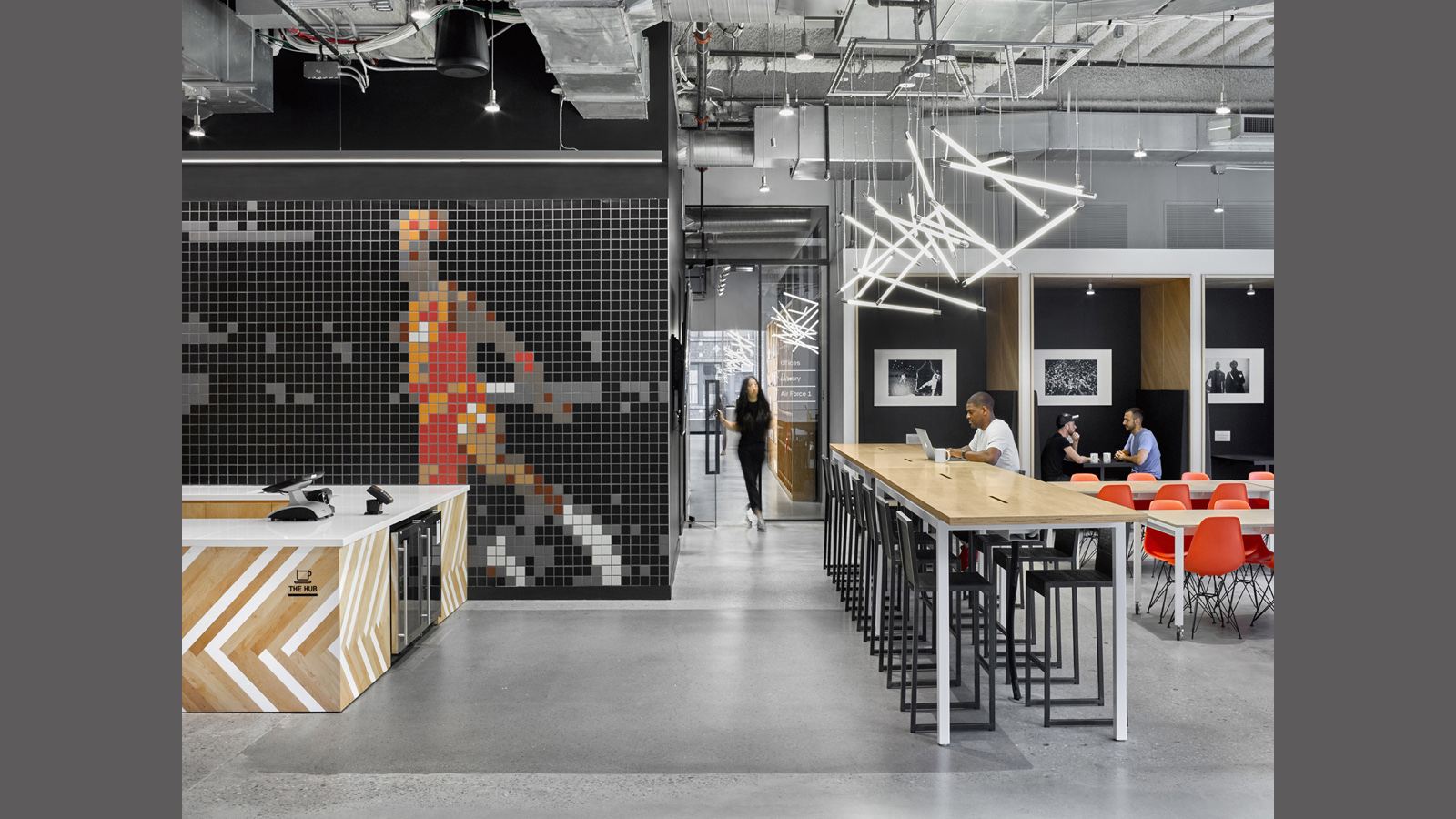 Nike Nyc Headquarters Interior, an 8bit mural of Michael Jordon is on the wall