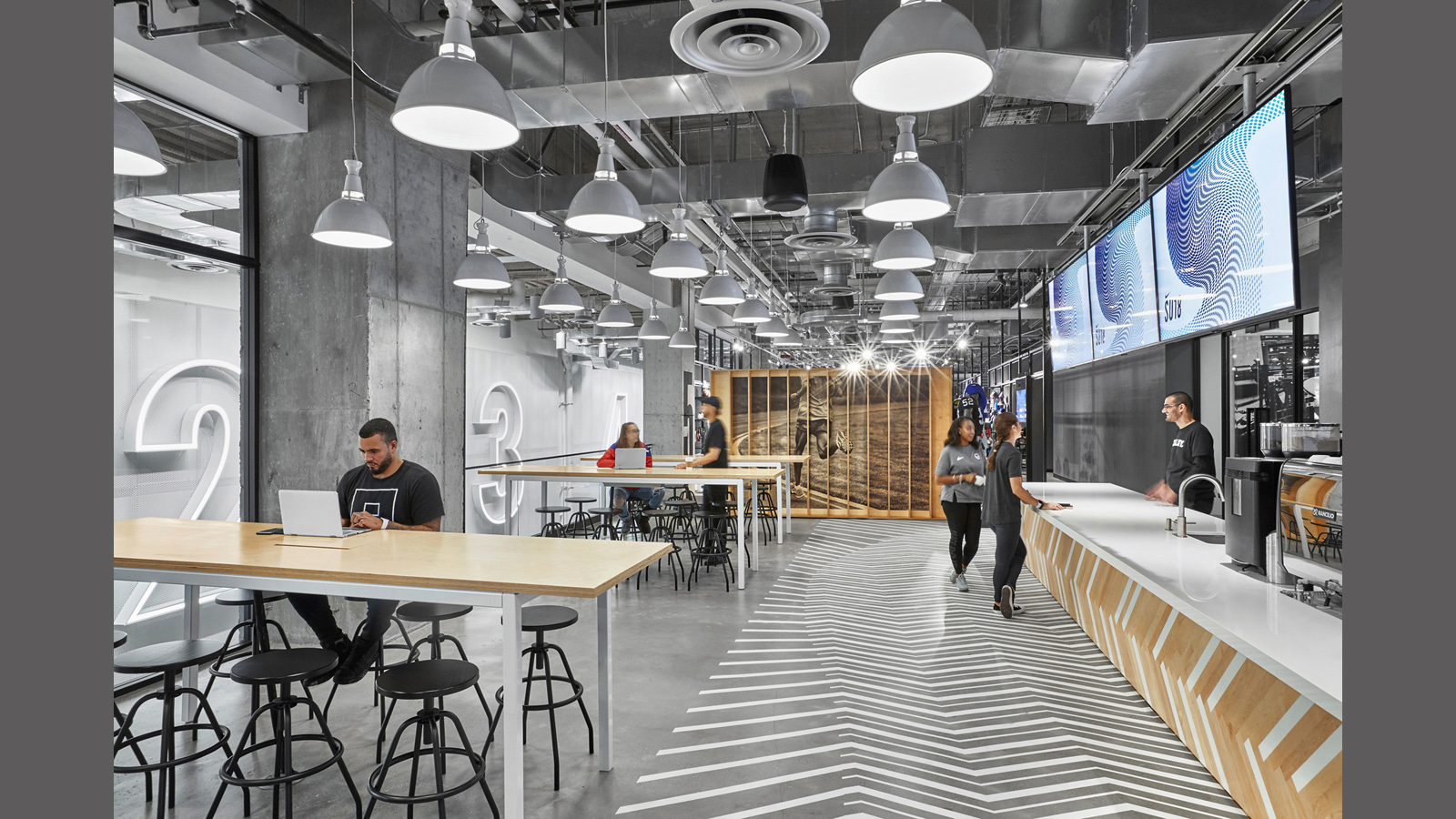 Nike Nyc Headquarters Interior, coffee bar with tables