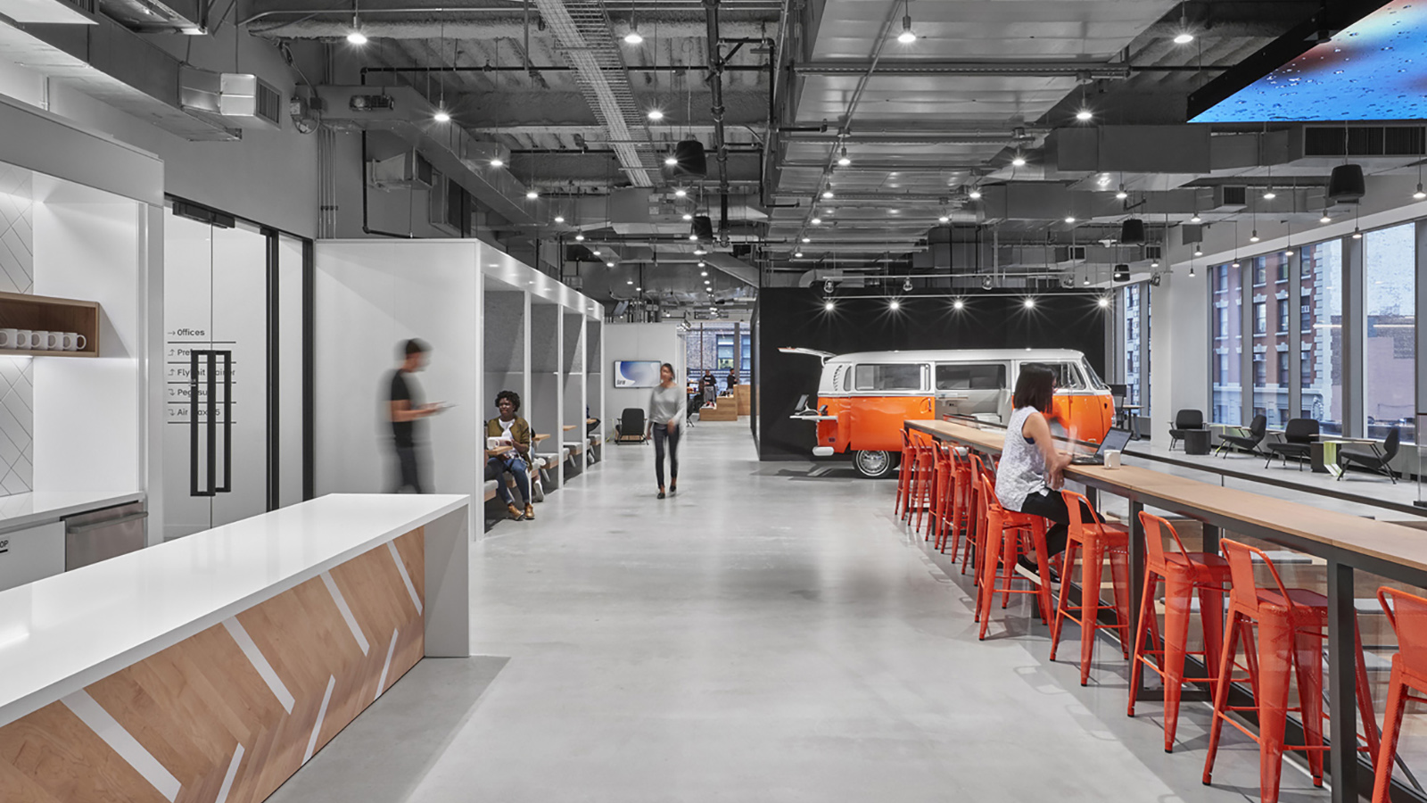 Nike Nyc Headquarters Interior, lounge area near cafe, an old van is a work area