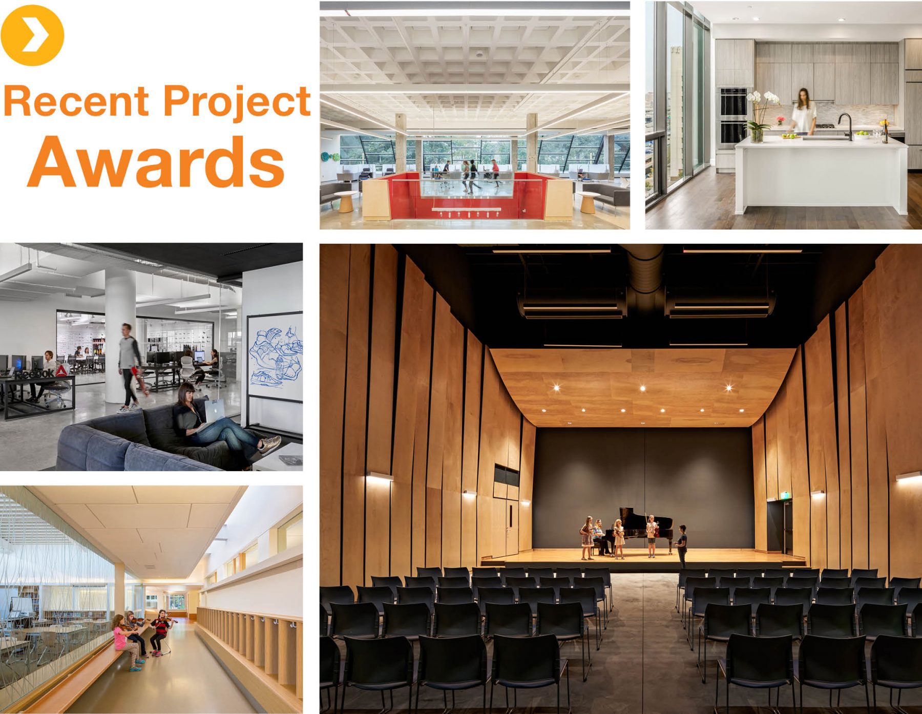 A photogrid of various projects. Including the Lucas, Reebok HQ, The Field School, and More.