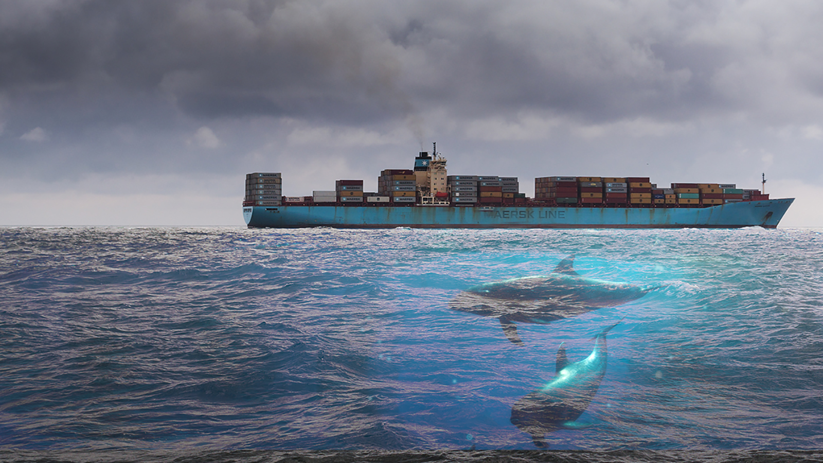 An image of a shipping container ship on the open ocean, above two whales.