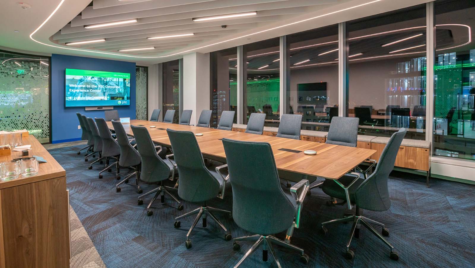 PTC Boston, large conference room with tv and small bar