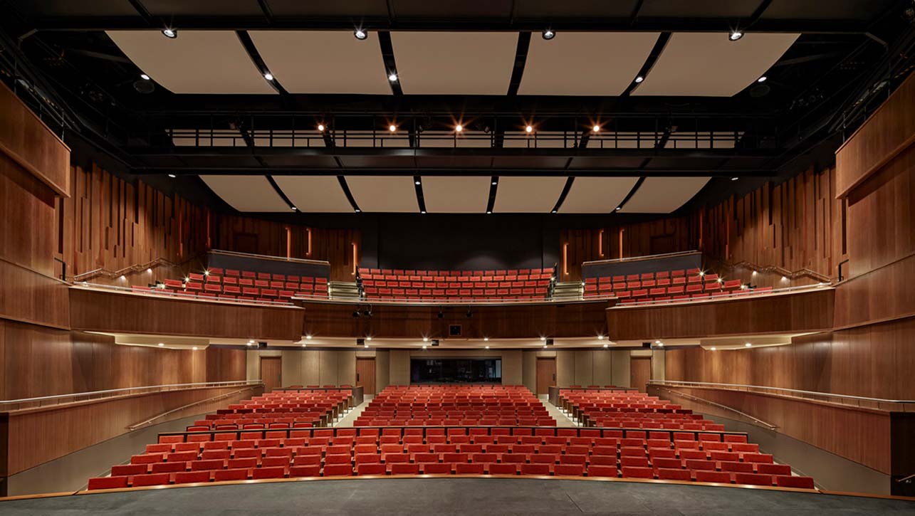 Middlesex School Bass Arts Pavilion and Danoff Center for the Visual Arts. PAC, a view from stage looking into the seating