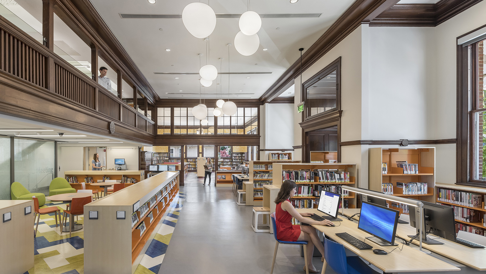 An image of the Boston Public library Jamaica Plain branch Children's reading room with computer stations