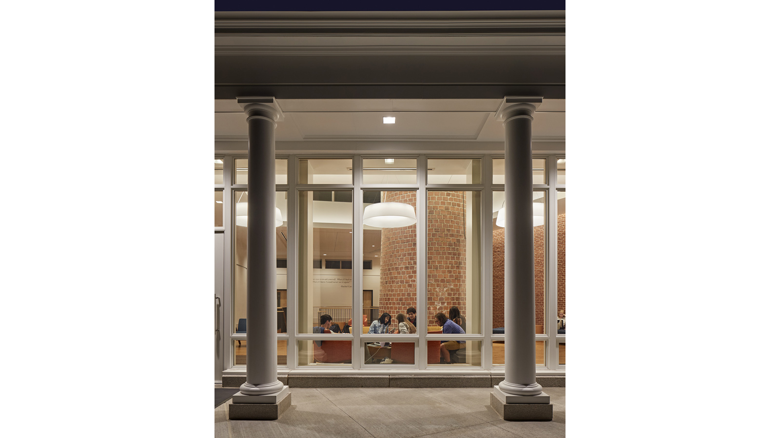 Middlesex Rachel Carson Music and Campus Center, a view from the outside looking into lounge area