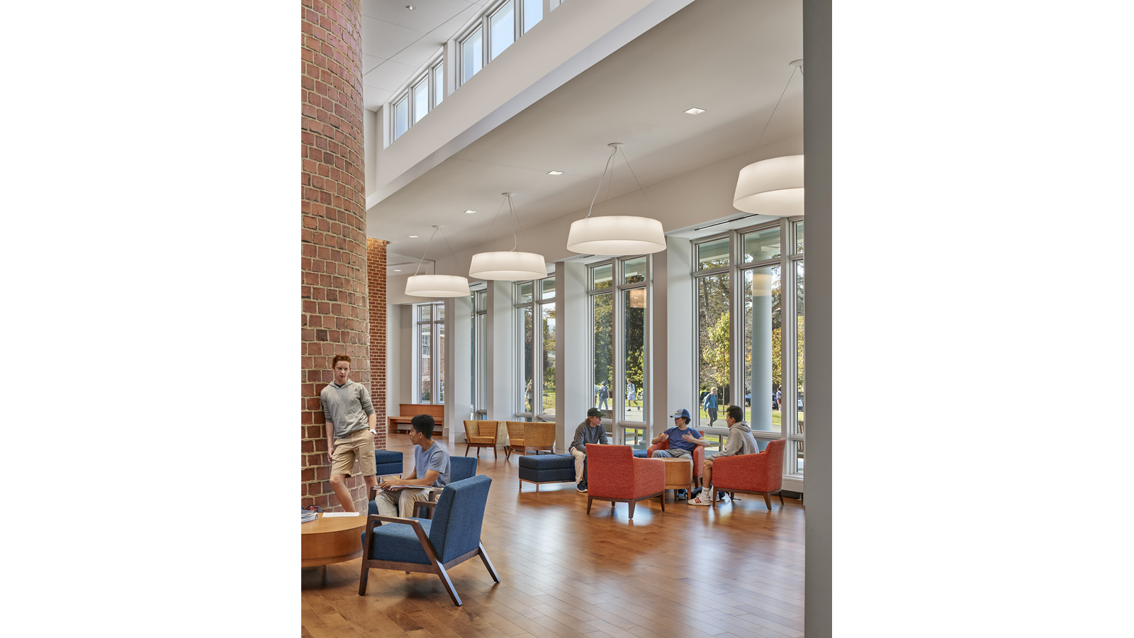 Middlesex Rachel Carson Music and Campus Center, lounge area around stone chimney