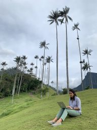 Mariana Botero working on her laptop on a tropical hillside with palmtrees