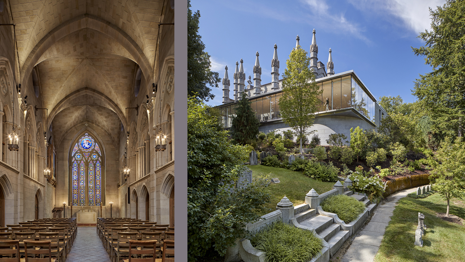 Mount Auburn Cemetery Exterior image on right, interior chapel image on left