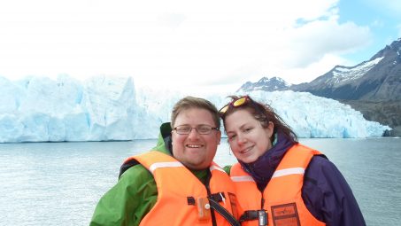 Liz Lamour Croteau and Sam in front of a Glacier