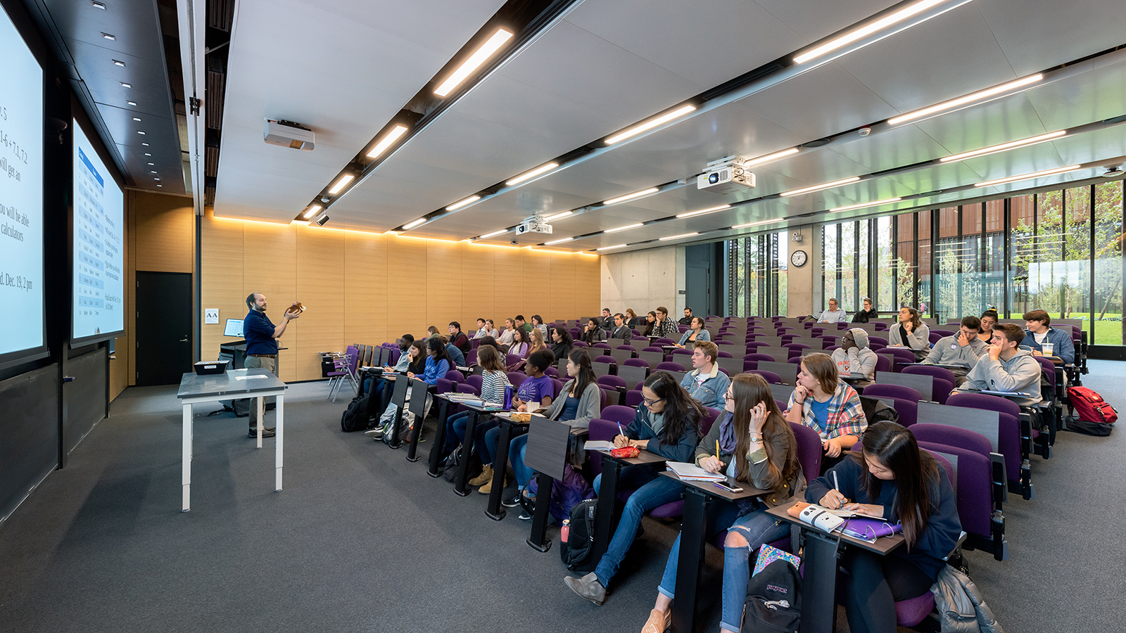 Amherst Science Center Classroom in session, purple seats and large windows