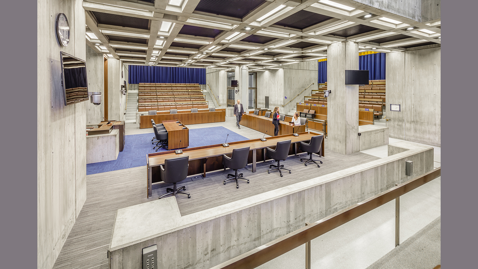 Boston City Hall Council Chamber, concrete pillars with TVs