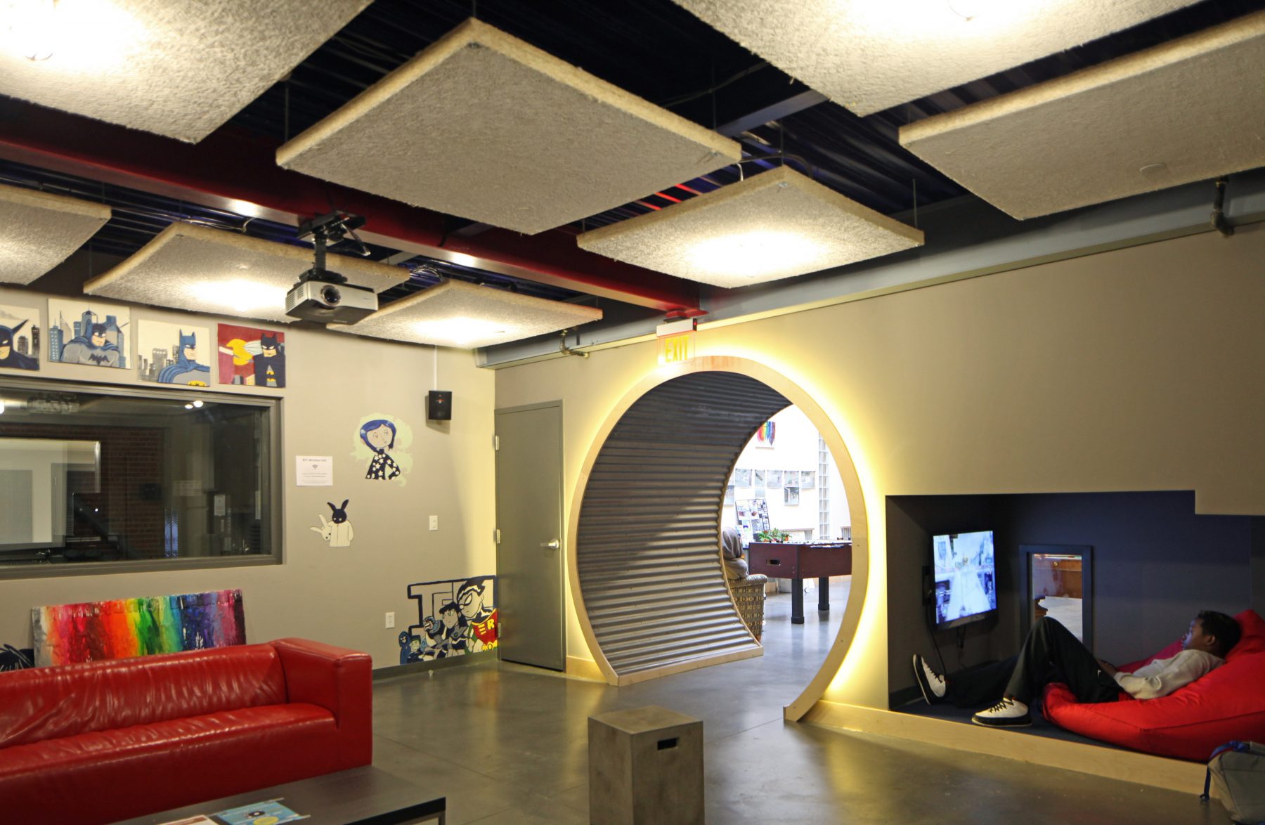 Brookline Teen Center Interior, lit up circular door entryway