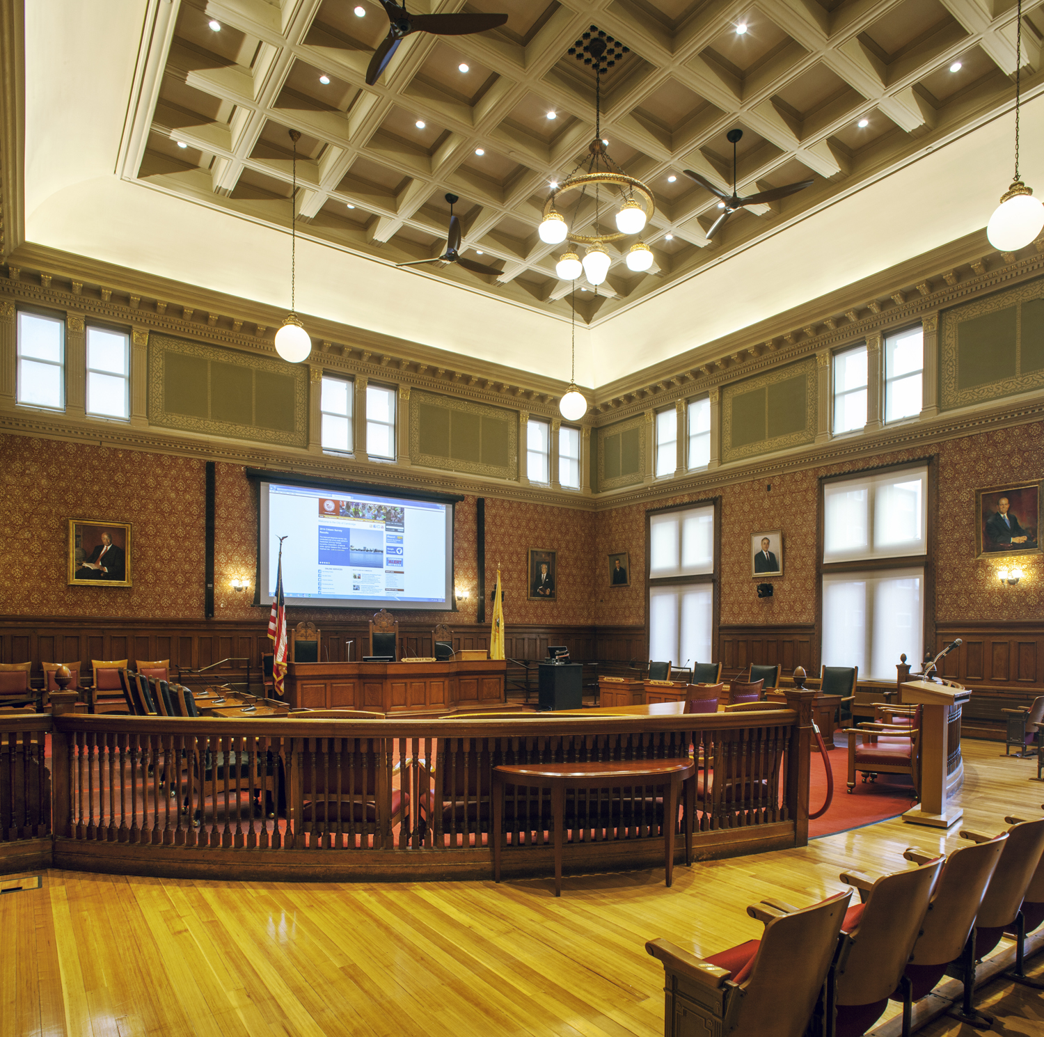 Cambridge city hall floor, with projector and sound system