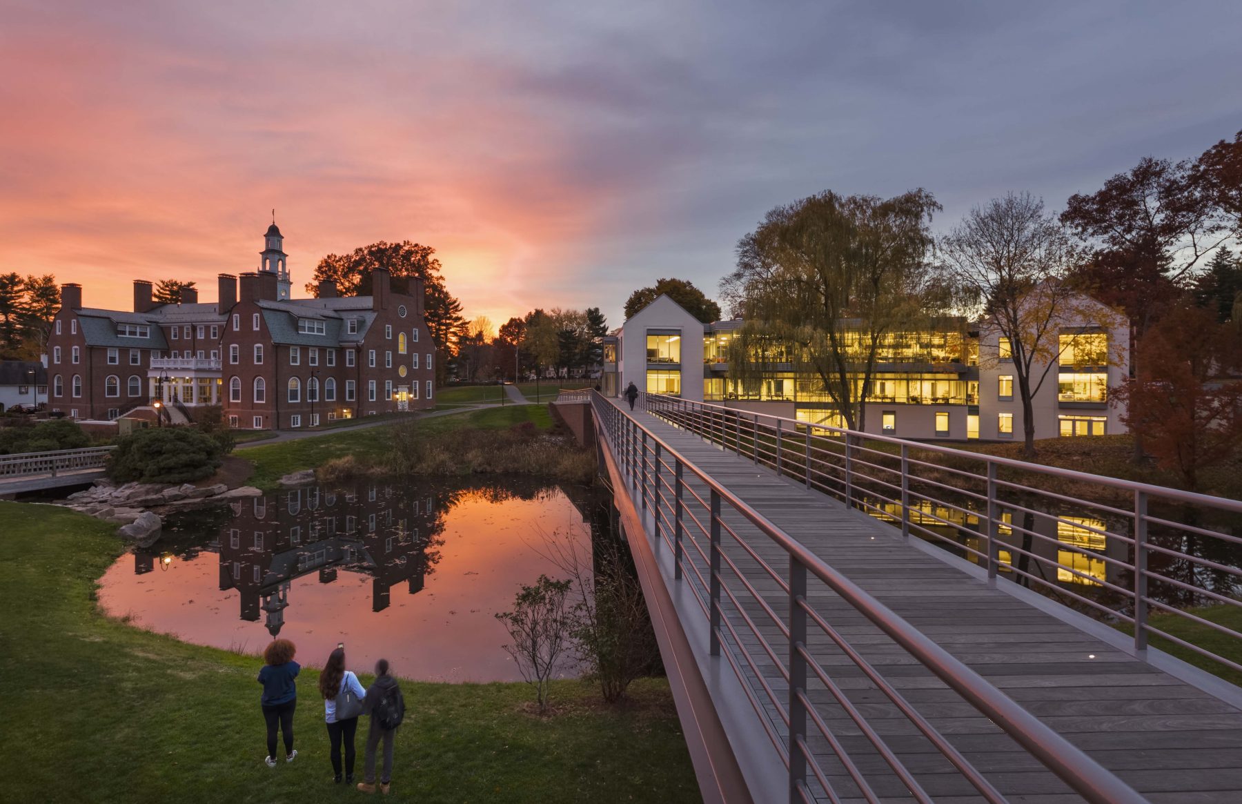 Choate Rosemary Hall Lanphier Center Exterior, pedestrian bridge over river.