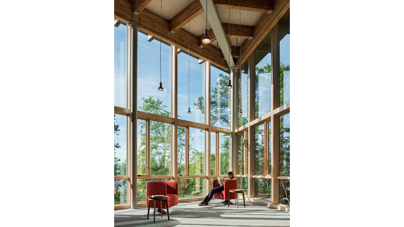 Eastham Public Library Interior, red chairs near window