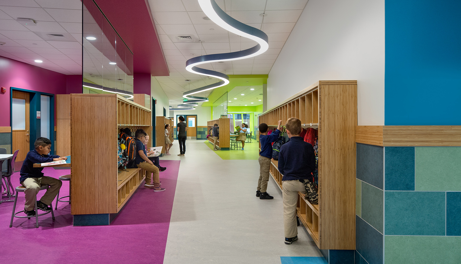 Irwin Jacobs Elementary School Hallway, students use their cubbies