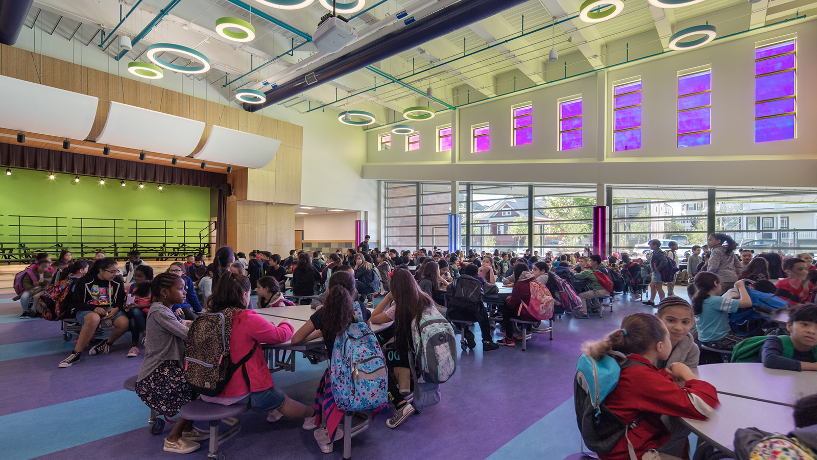 Irwin Jacobs Elementary School Interior, cafeteria during lunch time