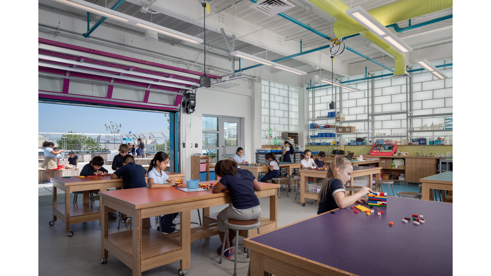 Irwin Jacobs Elementary School Interior, Makers space classroom on roof with roof access to deck