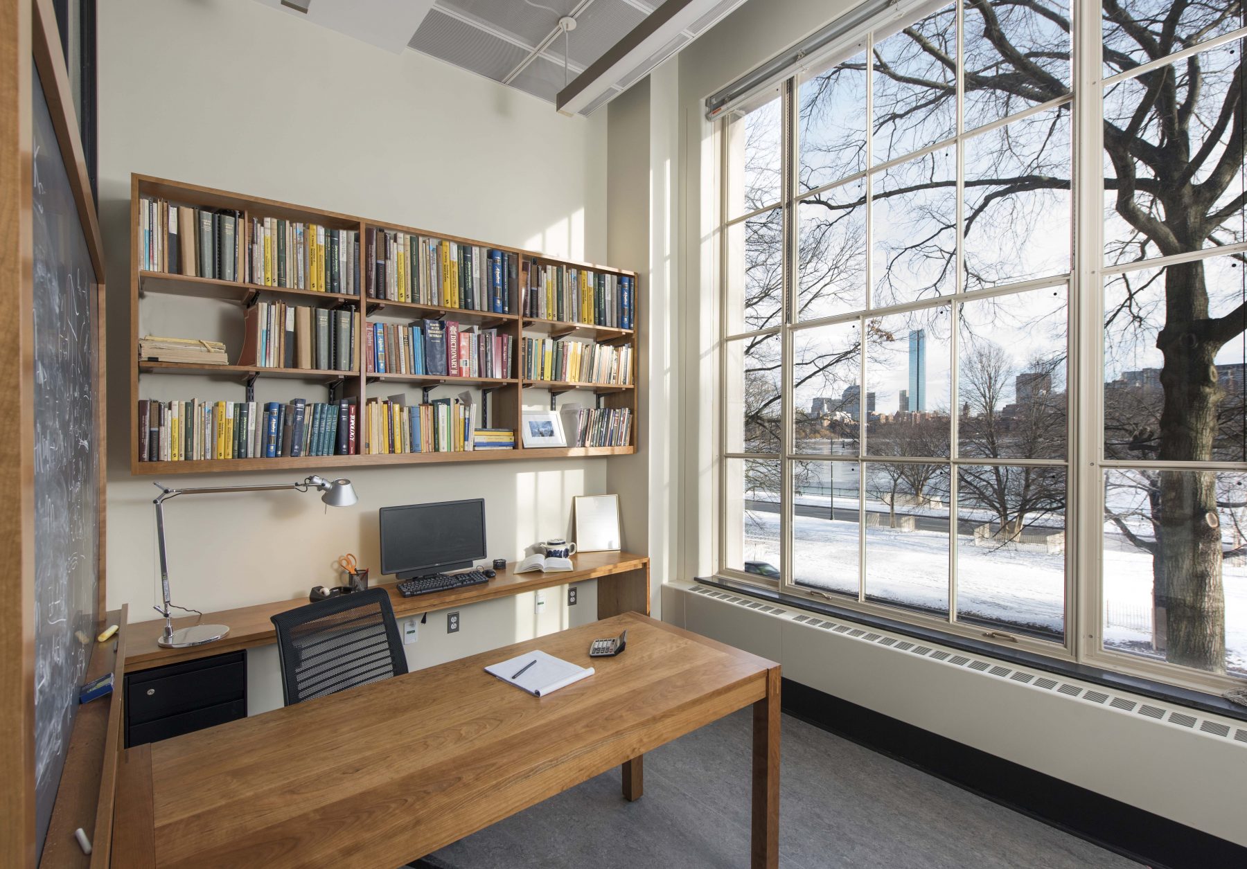 MIT Building 2 Interior, small office with view of the John Hancock tower