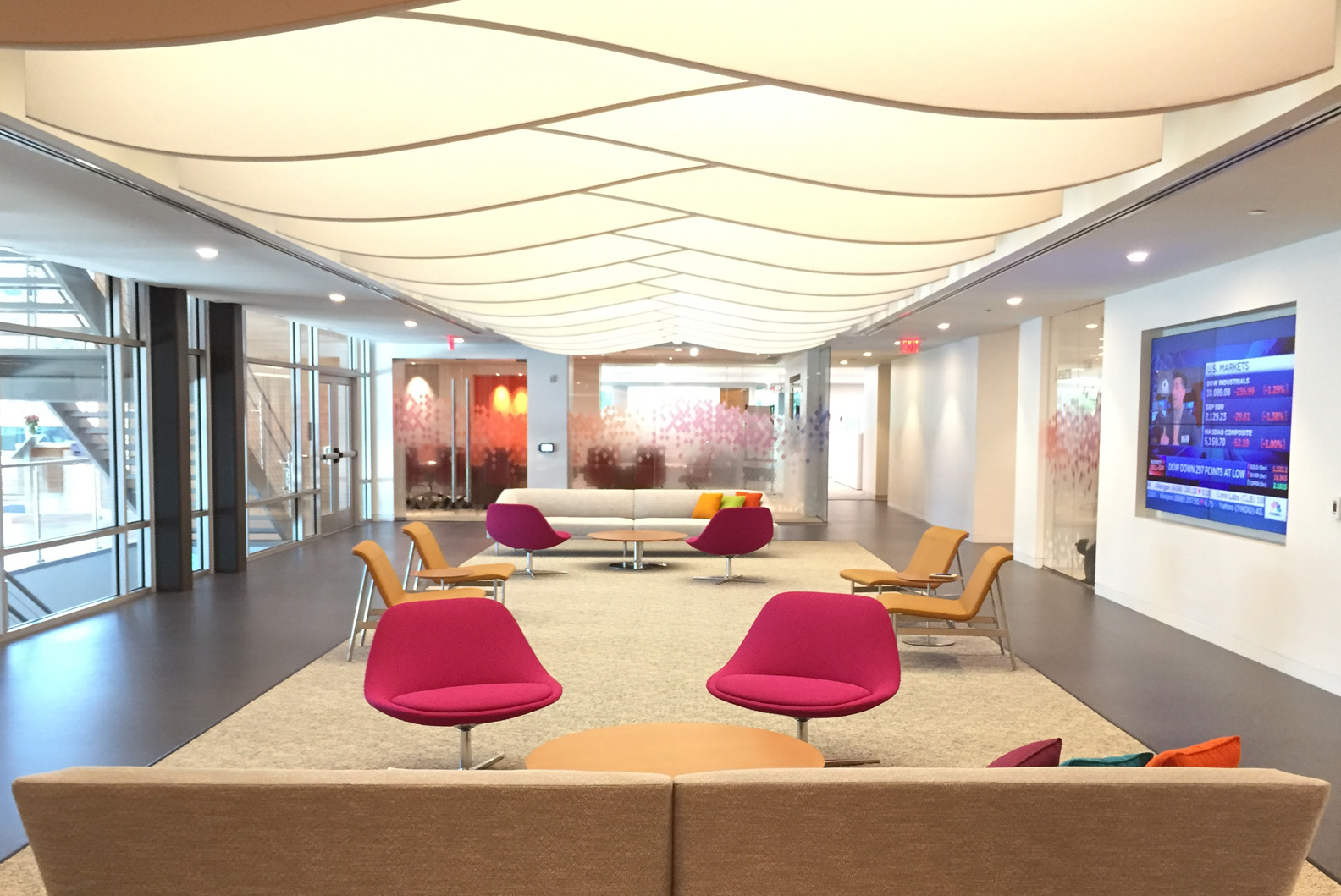 Saint Gobain North America Hq Interior, lobby area with multiscreen tv