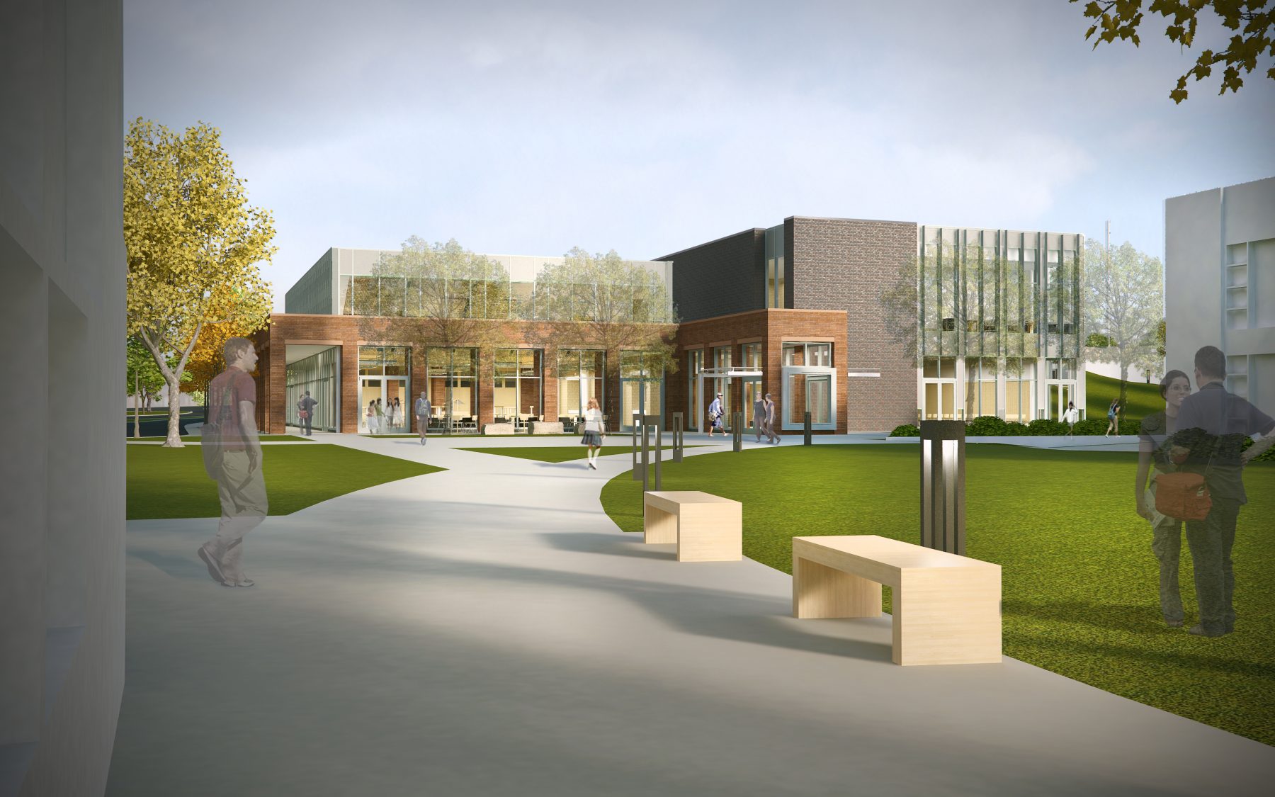 Shipley School Commons Exterior rendering with pedestrians
