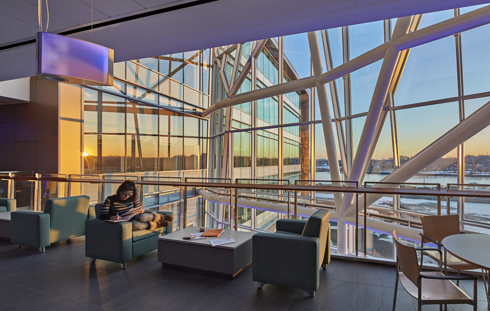 Umass Boston Integrated Science Complex Lobby with view of Boston Harbor