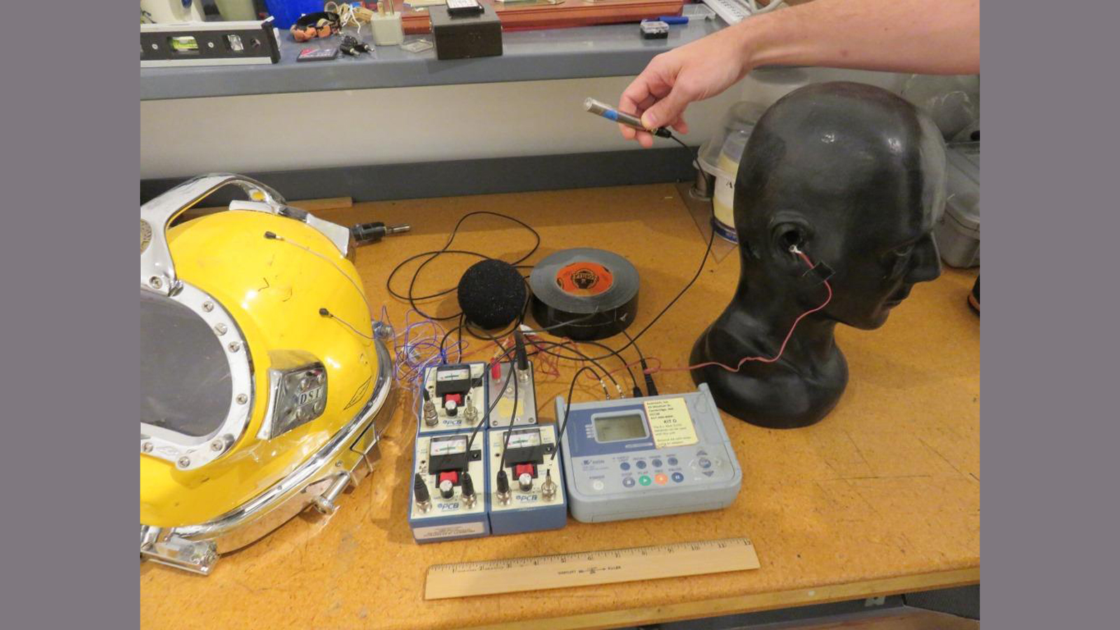 Us Navy Pilot Helmet Acentech, testing equipment is attached to a dummy