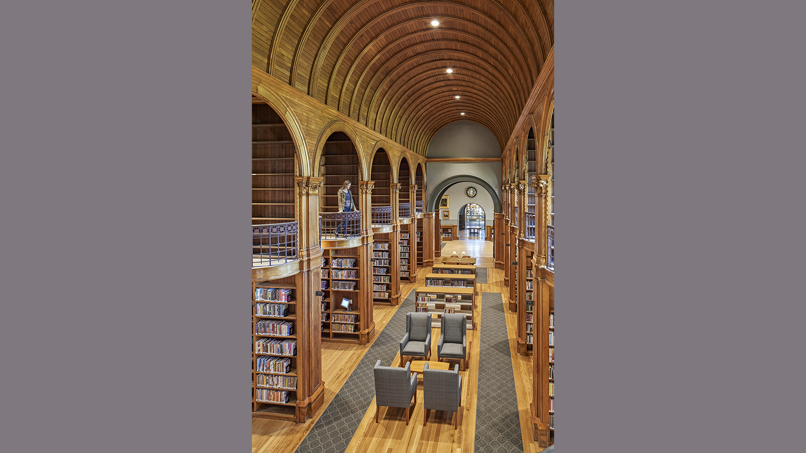 Woburn Public Library Historic section, large arch turns into bookshelves