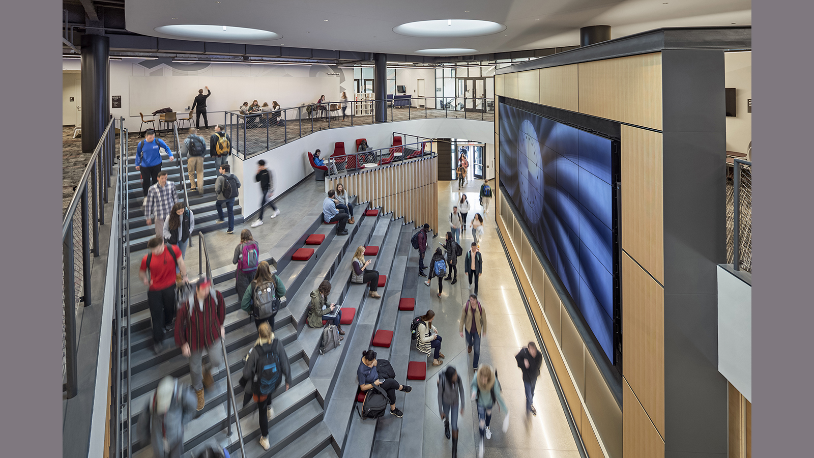 Wpi Foisie interior atrium with video wall