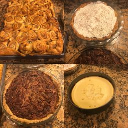 A collage of baked goods made by Colleen. Including cinnamon rolls creme pie, pecan pie, and cheesecake.