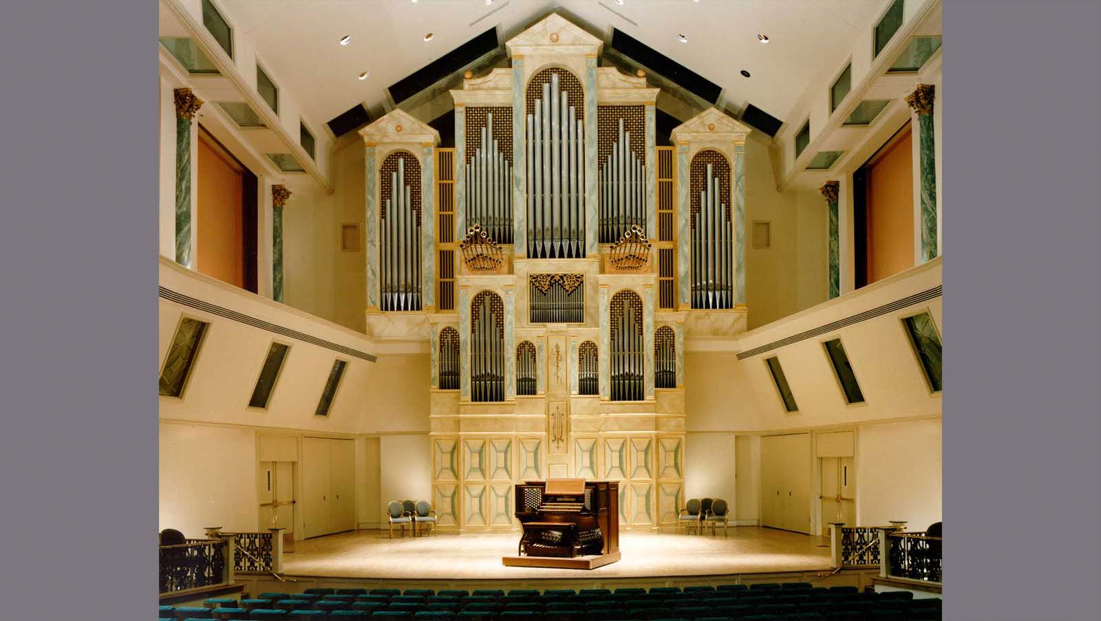 Clayton University Spivey Hall, view of organ and stage.