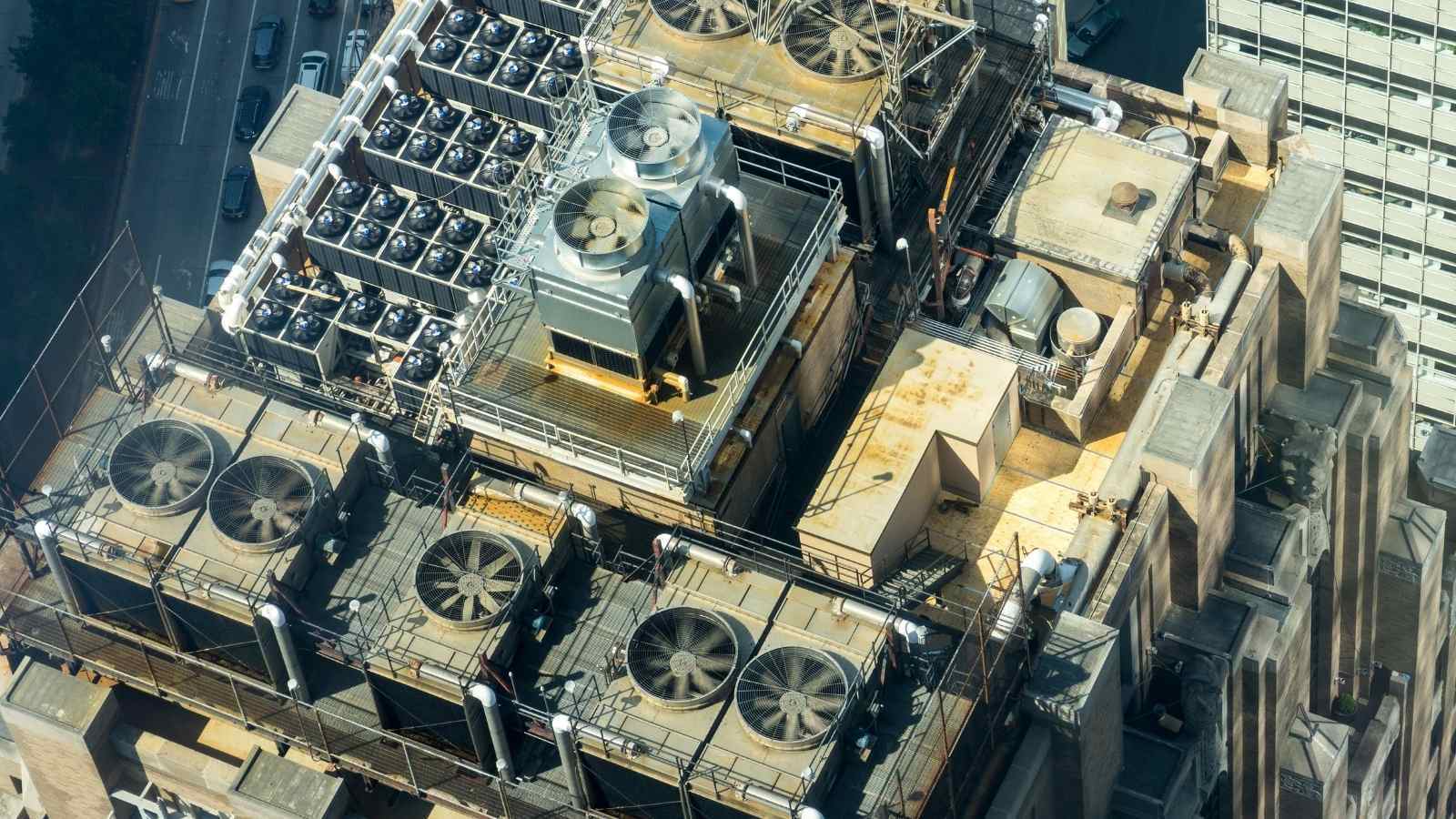 An overhead view of HVAC units on top of a building